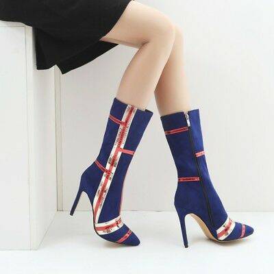 Color Matching Fashion Suede Thin High Heel Medium High Boots-blue