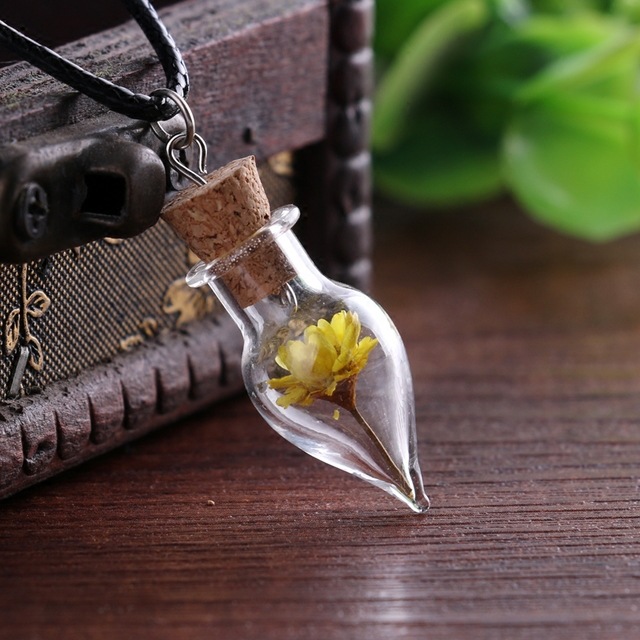 Handmade Diy Glass Cover Jewelry Natural Daisy Dried Flower Necklace Water Drop Drift Bottle Necklace-3