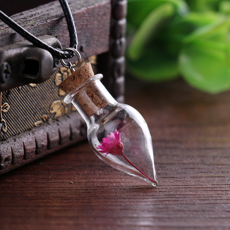 Handmade Diy Glass Cover Jewelry Natural Daisy Dried Flower Necklace Water Drop Drift Bottle Necklace-5