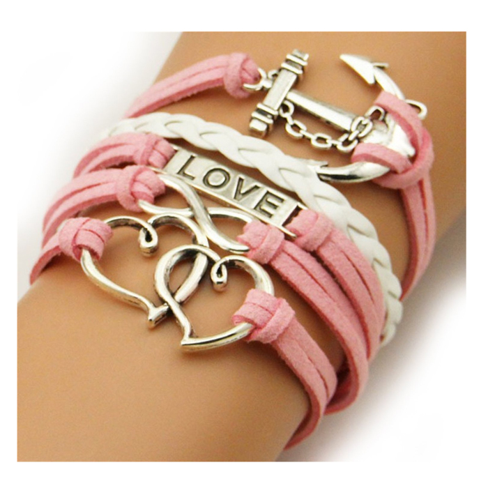 Anchor Double Hearts Love Charm Silver Color Pink White Wax Cords Leather Braid Bracelet Rope Leather Bracelet
