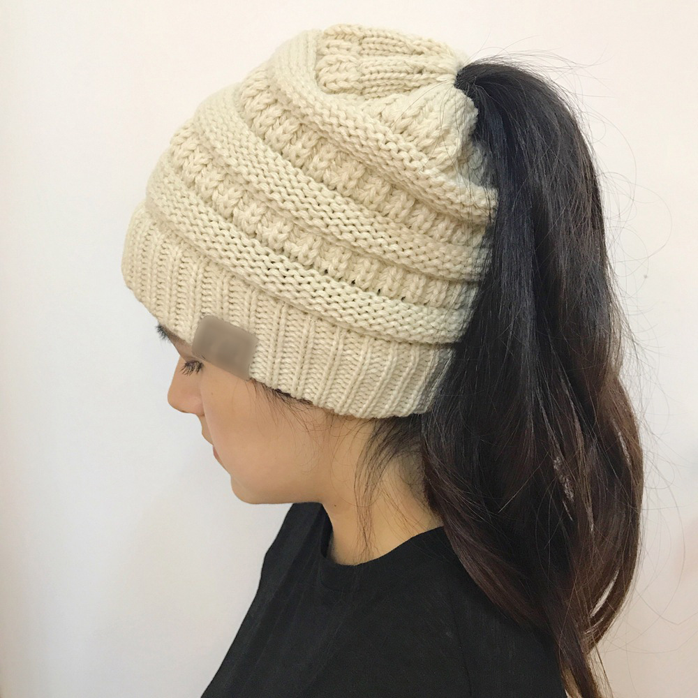 Beige Women's Winter Outdoor Warm Wool Hat Empty Top Horsetail Knitted Hat