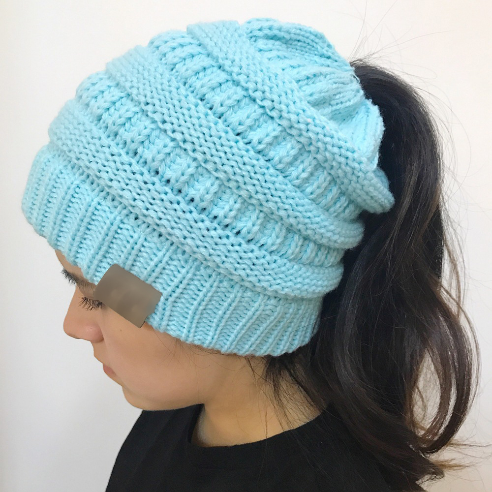 Light Blue Women's Winter Outdoor Warm Wool Hat Empty Top Horsetail Knitted Hat