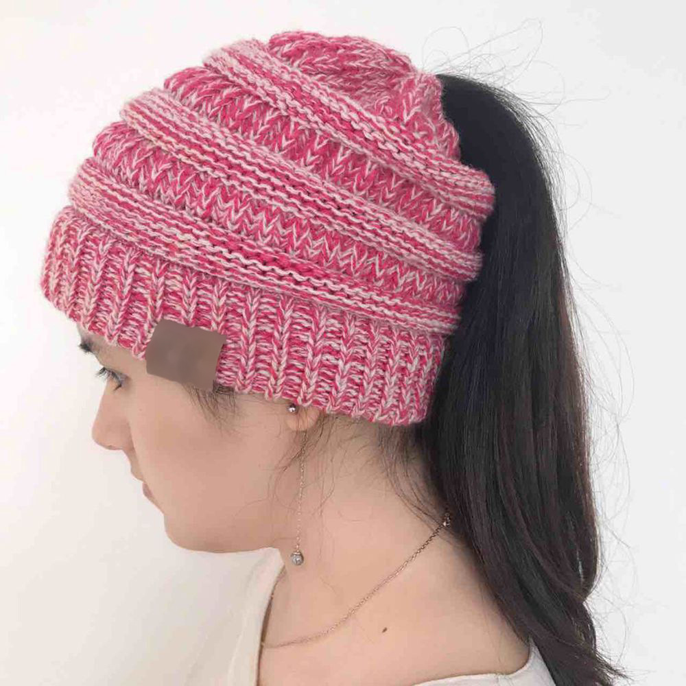 Rose Red Women's Winter Outdoor Warm Wool Hat Empty Top Horsetail Knitted Hat