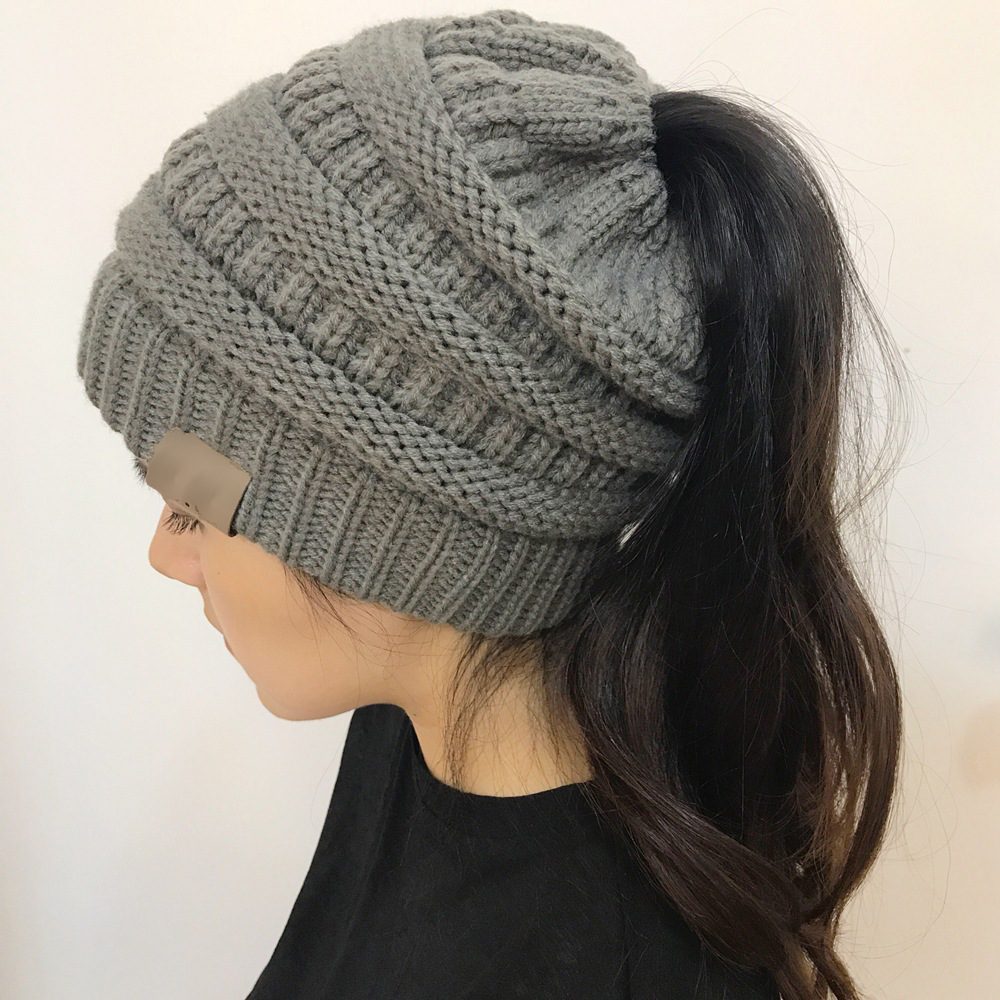 Dark Gray Women's Winter Outdoor Warm Wool Hat Empty Top Horsetail Knitted Hat