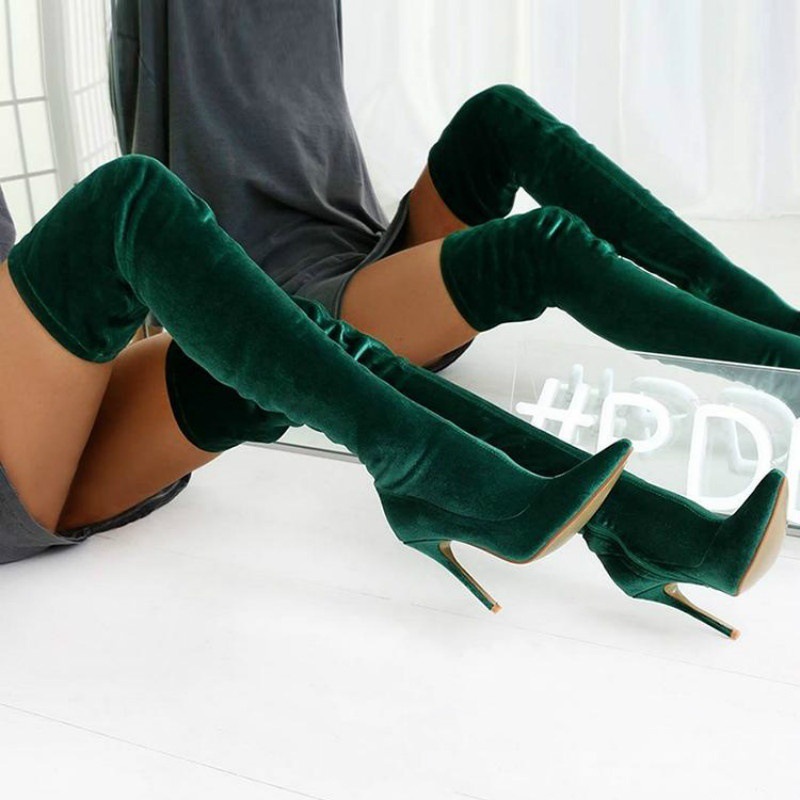 Green Pointed Elastic High Heel Frosted High Tube Knee High Boots
