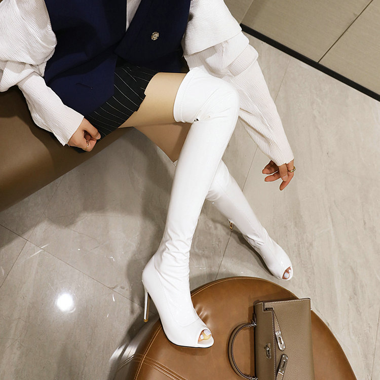 White Side Zipper Fish Mouth Knee Dance Party Boots