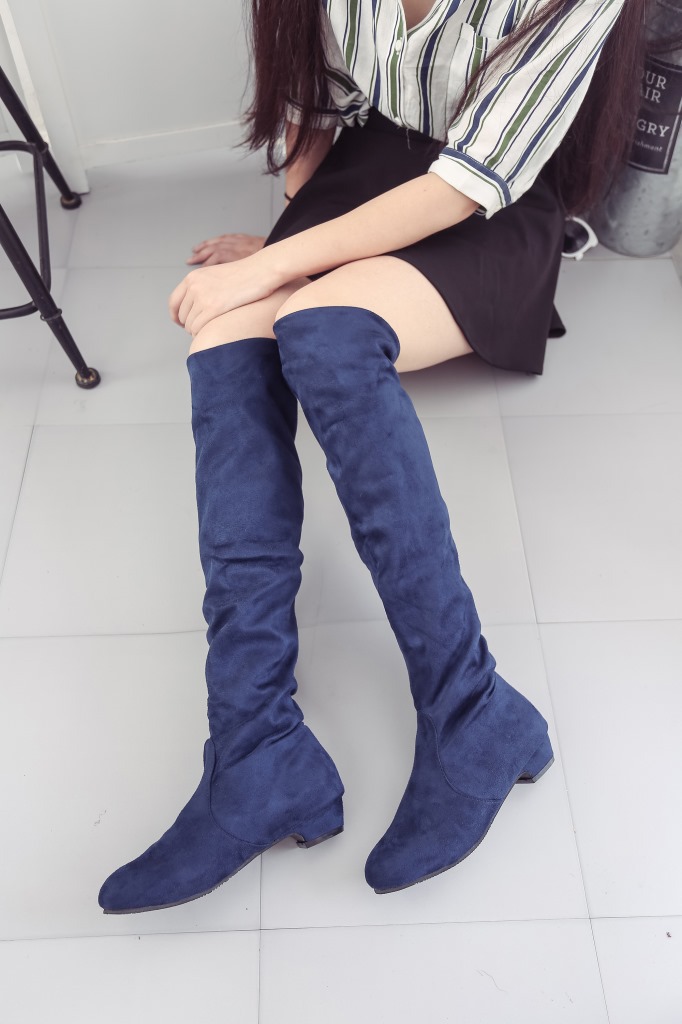 Blue Autumn And Winter High Knee Flat Boots
