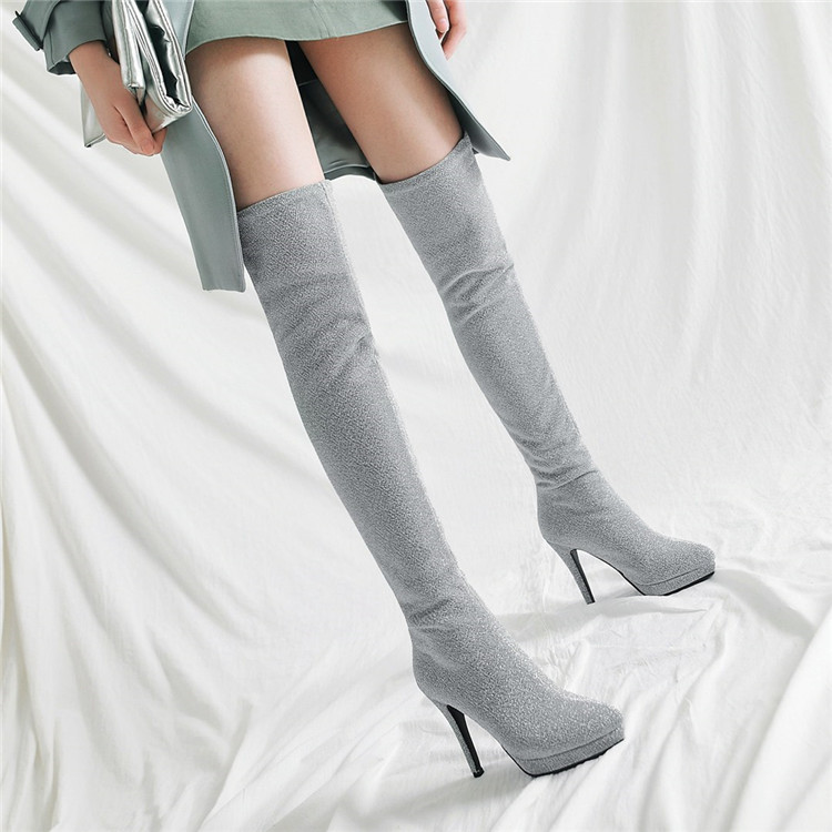 Silvery Elastic Pointed Large Suede Women's Martin Boots
