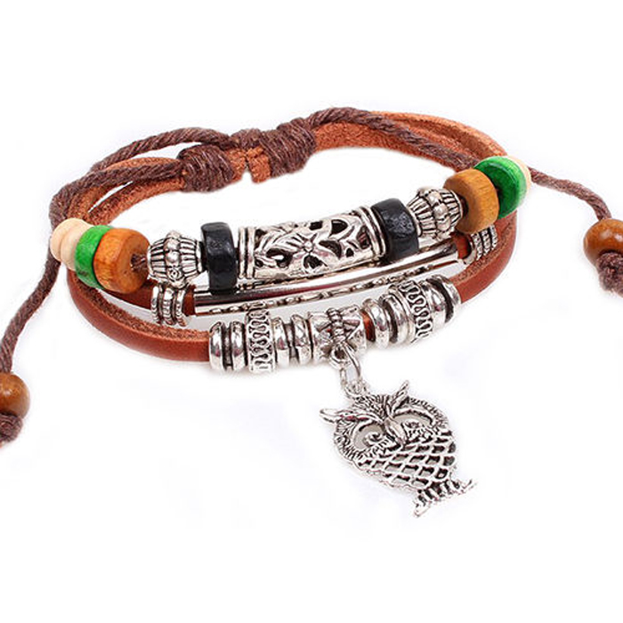 Unisex Fashion Wrap Multilayer Leather Beads Cuff Bracelet Charms Chain