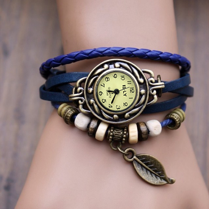 Quartz Weave Wrap Synthetic Leather Bracelet Women's Leaf Wrist Watch