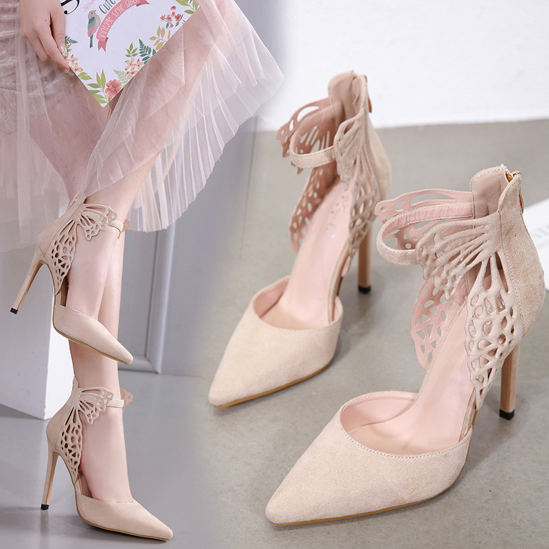 Apricot Fashion Pointed Butterfly Wings High-heeled Women's Sandals