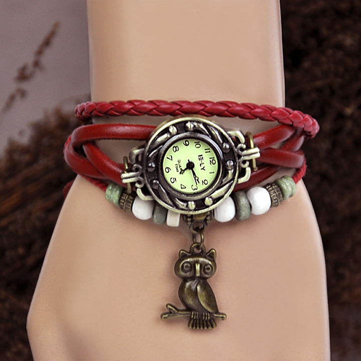 Quartz Weave Wrap Synthetic Owl Leather Bracelet Women's Wrist Watch