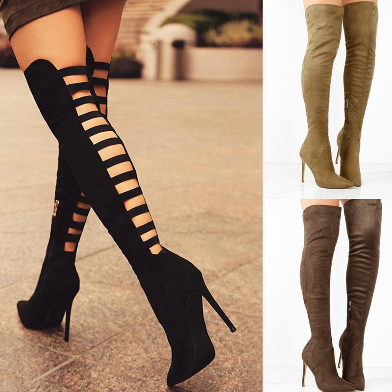 Lace Up Hollow Out Stiletto Heel Pointed Toe Over Knee Boots