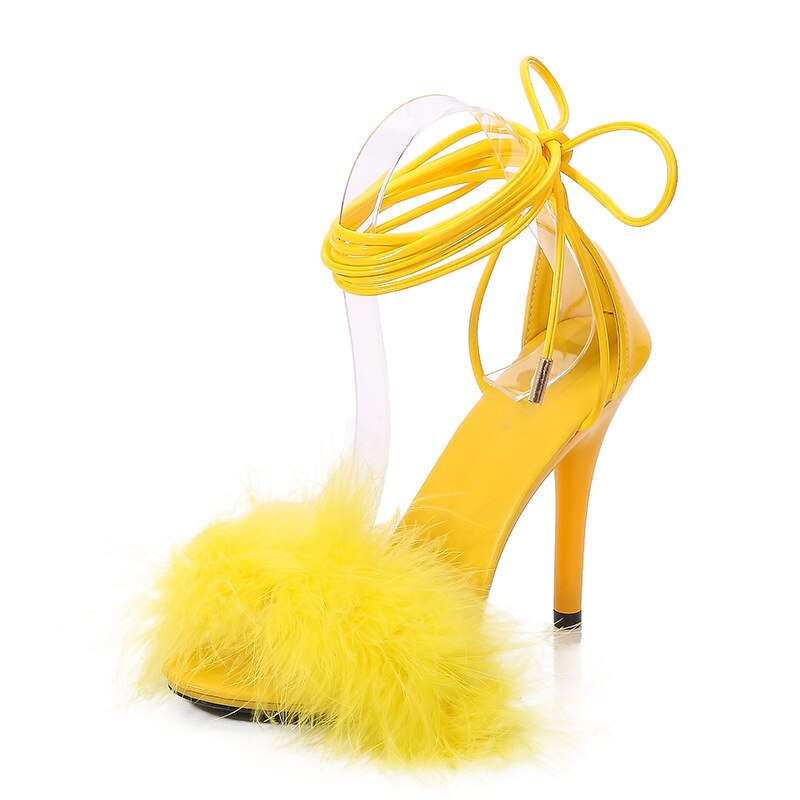 Yellow 11cm Stiletto Heels Women Sandals Ankle Strap Sexy High Heels Furry Shoes Female Open Toe Striptease Shoes