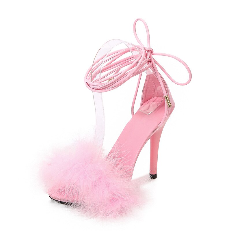 Pink 11cm Stiletto Heels Women Sandals Ankle Strap Sexy High Heels Furry Shoes Female Open Toe Striptease Shoes