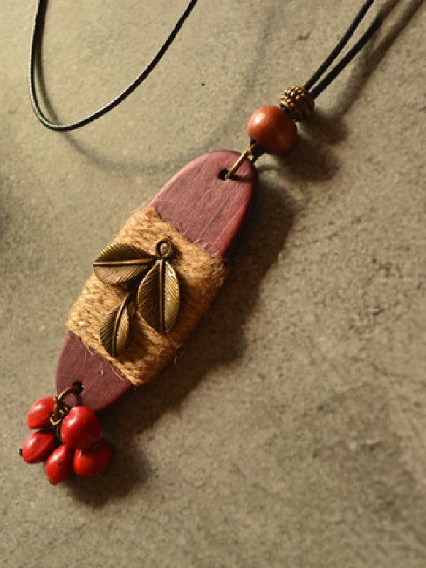 Vintage Hemp Rope Leaves Red Bean Long Necklace