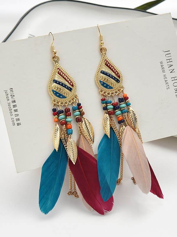 National Original Feather Tassels Beads 6 Colors Earrings