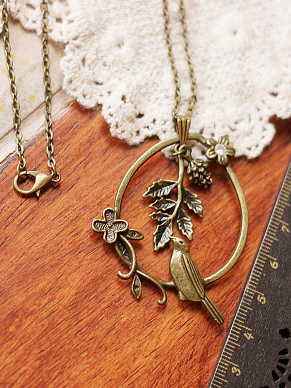 Vintage Alloy Bird Leaf Flower Chain Necklace