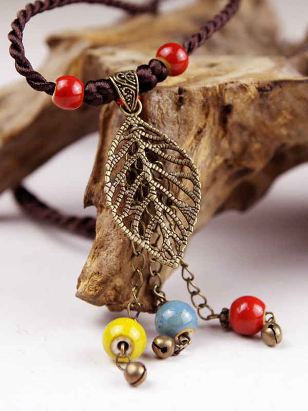 Vintage Leaf Shape Pendant Ceramic Beads Necklace