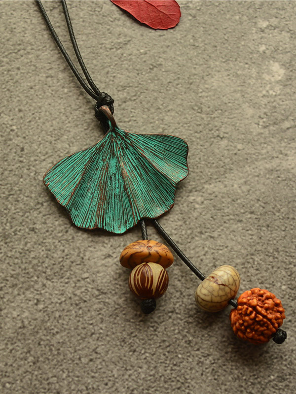 Vintage Wooden Beaded Leaf Shape Necklaces Accessories