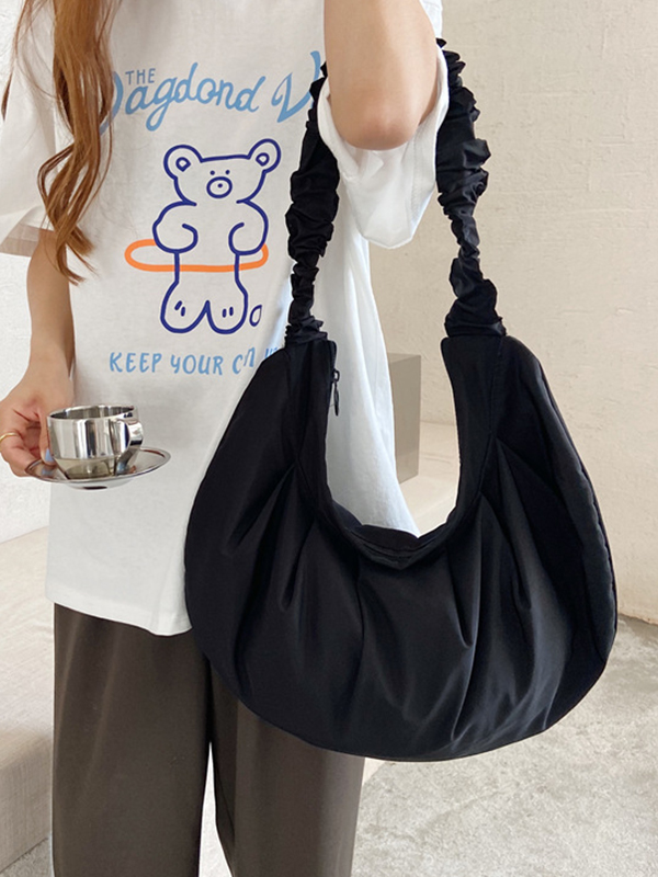 Black Simple Casual Solid Color Pleated Bag