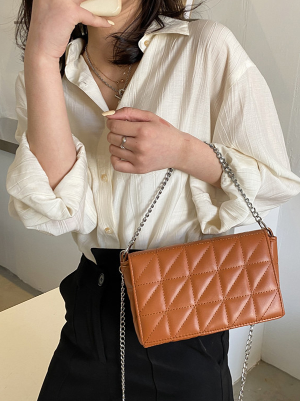 BROWN Casual Simple Cool Solid Color Chain Bag