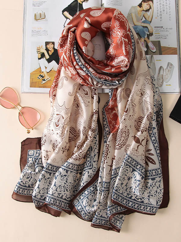 Burgundy Vintage Silk Imitation Printed Shawl&scarf