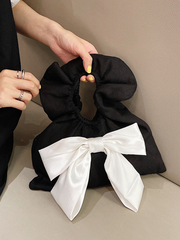 Black Large Size Original Cute Pleated Bow-embellished Hand Bag