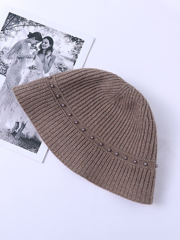 Khaki Original Vintage Knitting Beaded Solid Color Hat