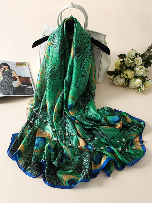 Green Vintage Peacock Printed Silk Imitation Shawl&scarf