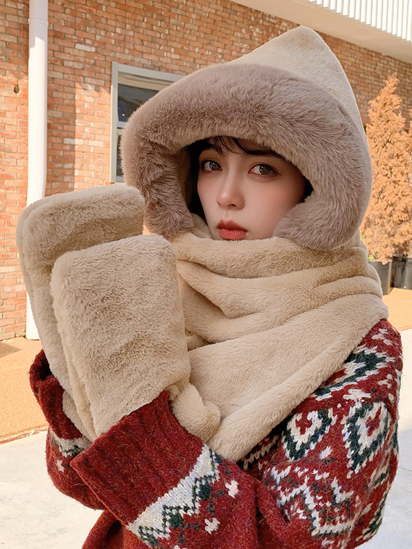 Khaki Cute Casual Faux Fur Keep Warm Scarfs&hats