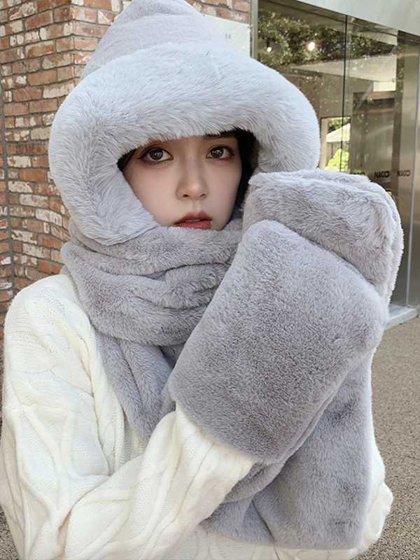 Gray Cute Casual Faux Fur Keep Warm Scarfs&hats