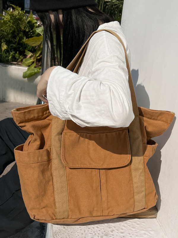 BROWN Simple Casual Canvas Big Pocket Bag