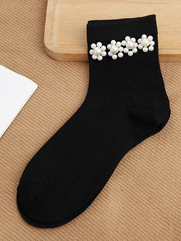 Black Urban Beaded Floral Pearl Socks Accessories