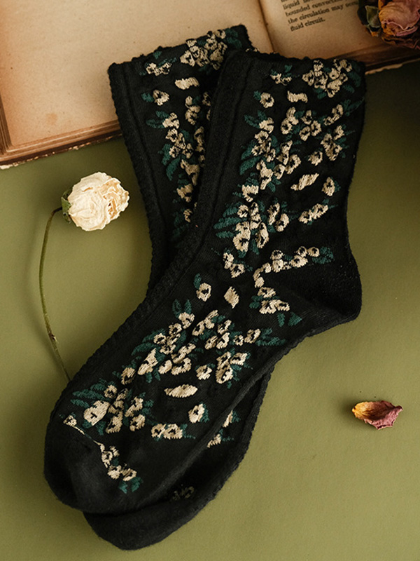 Black Vintage Jacquard Keep Warm Cotton Socks