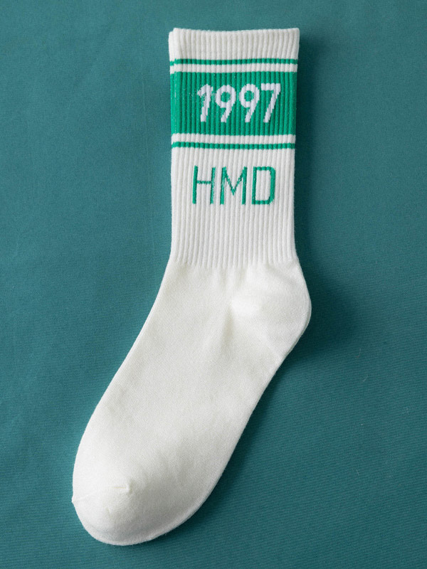 WHITE+GREEN Simple Letter Sports Cotton Socks