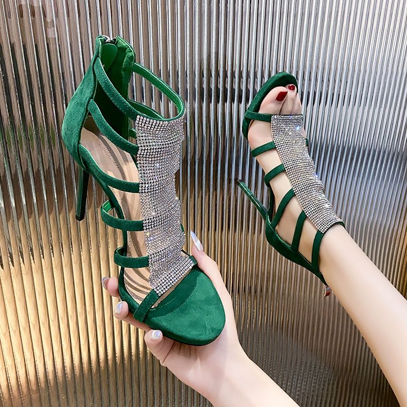 Sexy Open-toe Hollowed-out Rhinestone Stiletto Sandals-green