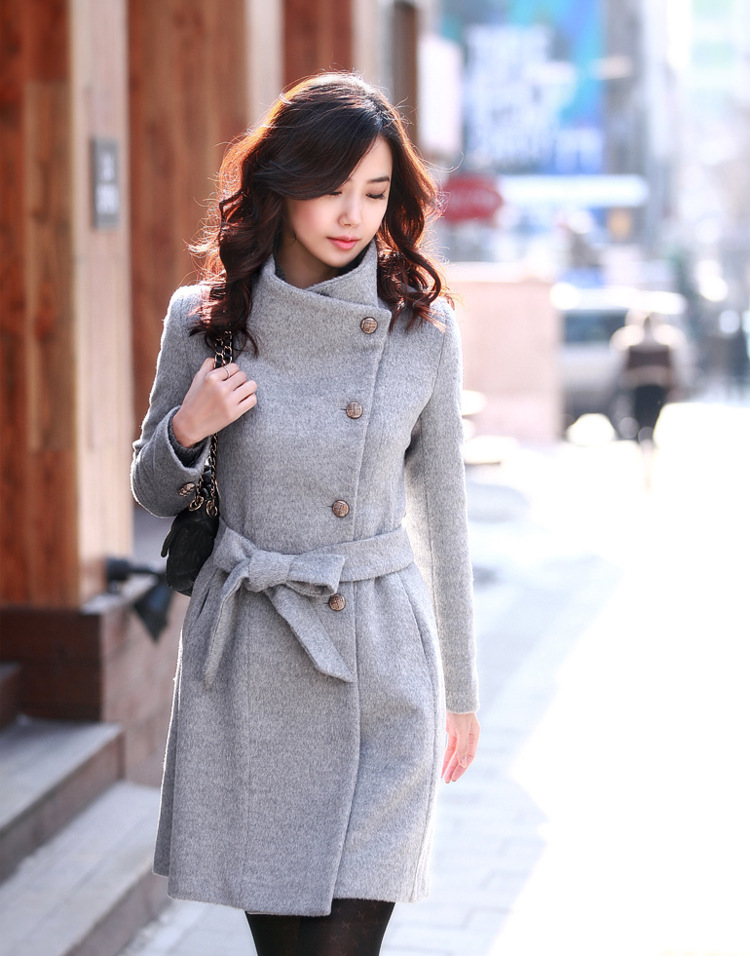 European Style Slim Bowknot Sash Pure Color Worsted Trench Coat Outwear