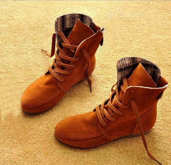 England Round Fringed Flat Boots Concise Comfortable Lace-up Suede High-top Boots