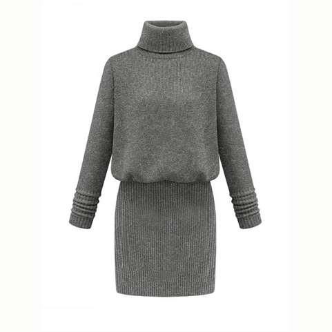 Knitted Turtleneck Long Sleeves Short Sweater Dress Featuring Elasticised Waist