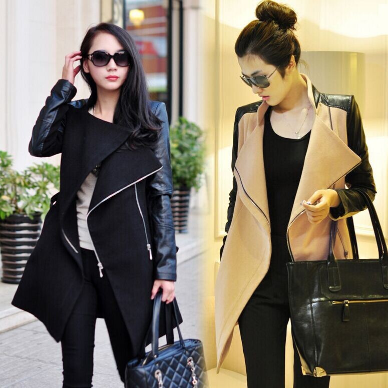 Fashion Lapel Pu Leather Spliced Long Sleeve Trench Coat