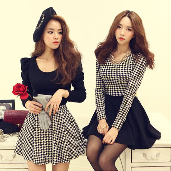 Pop Womens Spring Houndstooth Puff Sleeve Round Neck Knit Long Sleeve Slim Dress