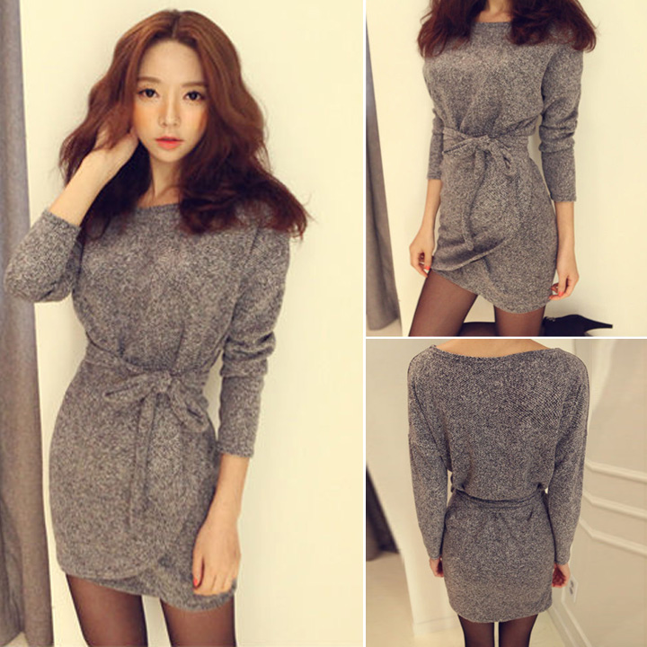 High Quality Women Long Sleeve Casual Jumper Pullover Sweater Wraps Bodycon Dress With Belts