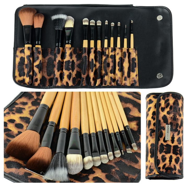 12 Pcs Makeup Brush Set Eyebrow Pencil Lip Liner Leopard Holder Bag