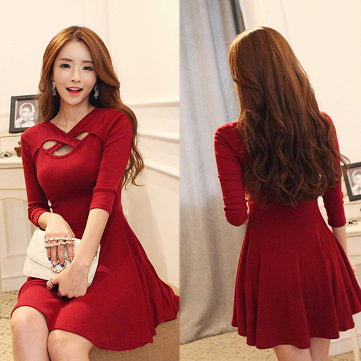 Women's Fashion 3/4 Sleeve Sexy Hollow Out Bodycon Evening Party Cocktail Pleated Dress