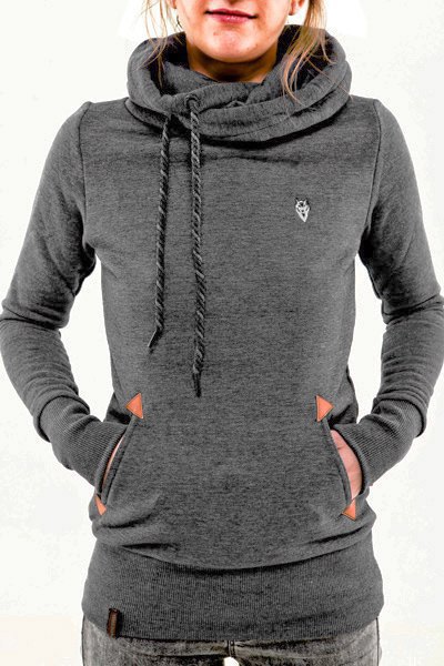 Embroidered Pocket Pure Color Womens Hoodie