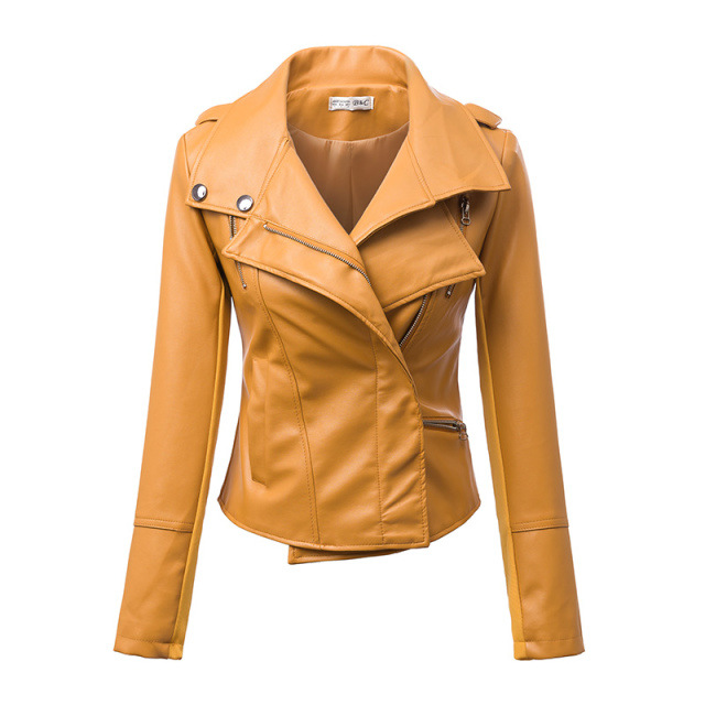 Women Turn Down Collar Slim PU Leather Jacket