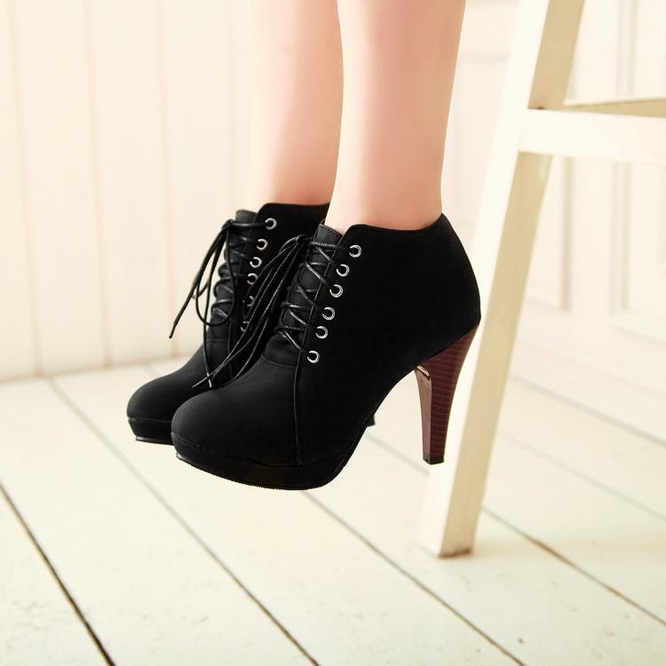 Lace Up Round Toe Stiletto High Heel Ankle Boots