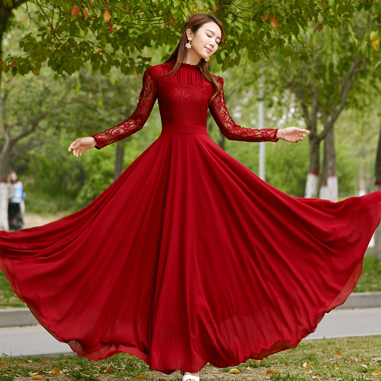 Charming Long Lace Sleeves Pleated Chiffon Long Red Maxi Dress