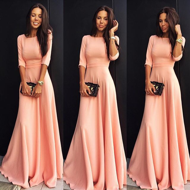 Slim Pure Color 3/4 Sleeves Pleated Long Maxi Dress on Luulla